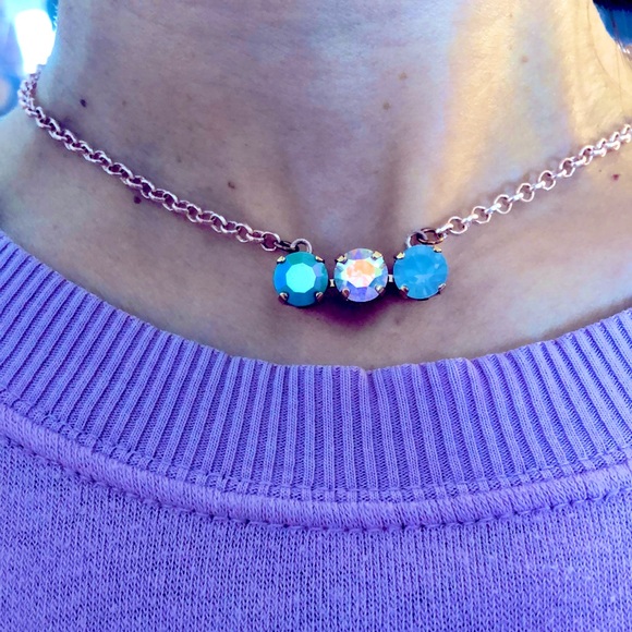 Iridescent Turquoise, Light Sapphire Opal +AB Crystal Bar Necklace - Picture 10 of 11